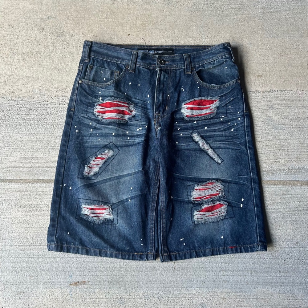 Brooklyn Xpress Streetwear Mens Distressed Paint Splatter Denim jorts